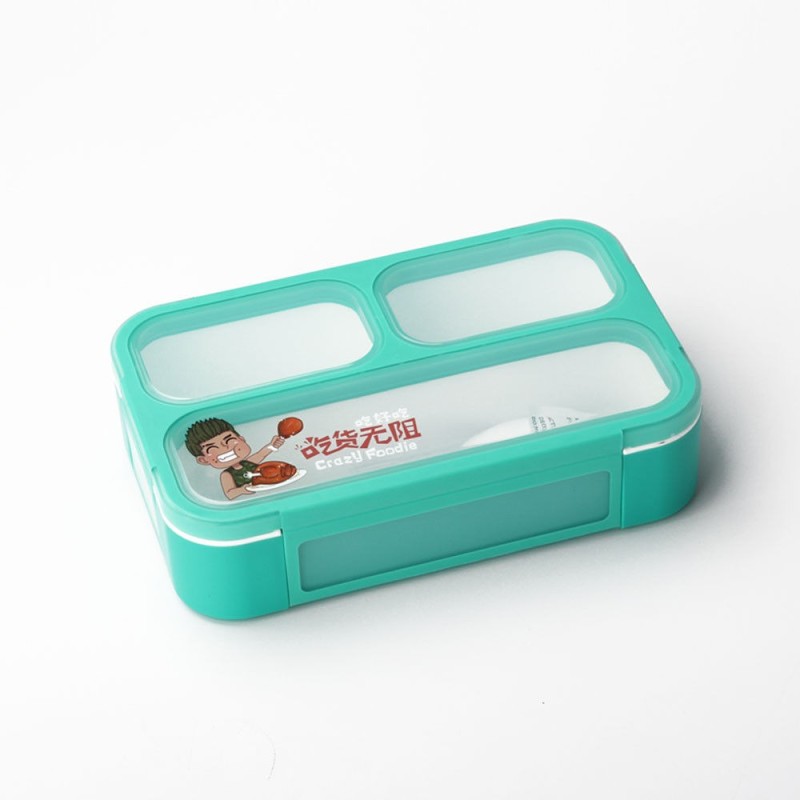 Bento Lunch Box Green 540ML 3 Comp + spork Leakproof  BPA Free Microwavable