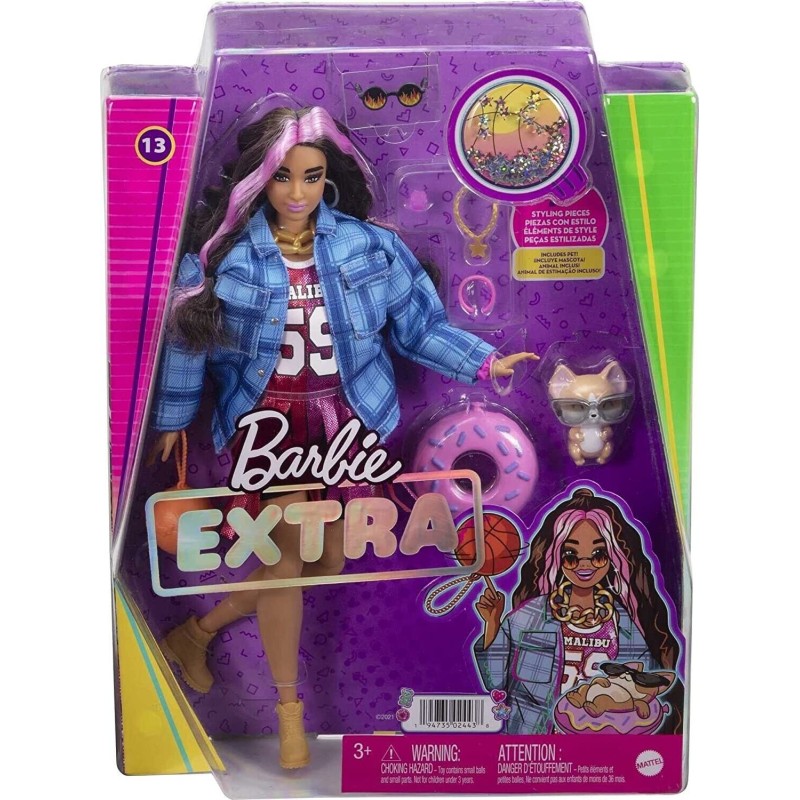 Barbie Extra Doll 13 in Basketball Jersey Dress Long Crimped Hair Pink Streaks