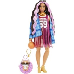 Barbie Extra Doll 13 in Basketball Jersey Dress Long Crimped Hair Pink Streaks