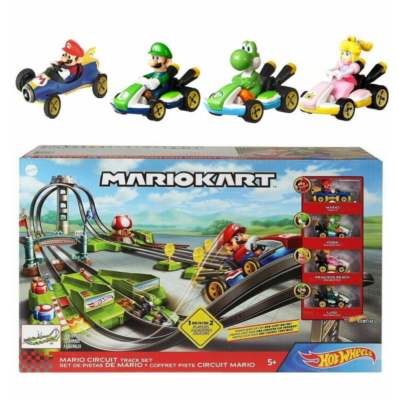 Hot Wheels Mario Circuit Track Set, Mario Yoshi Princess Peach Luigi Kart Cars