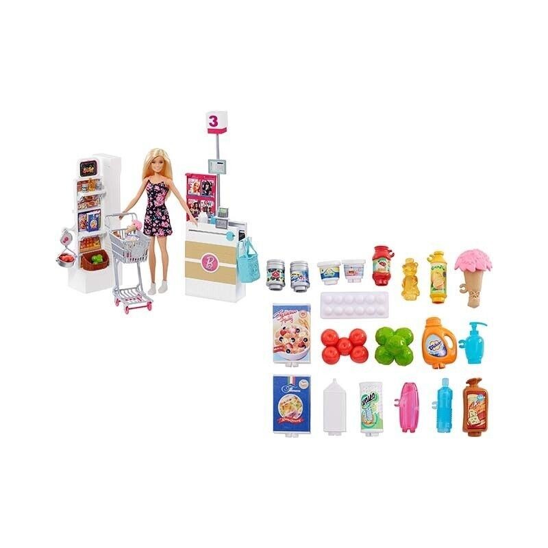 Barbie Supermarket Playset Barbie Blonde Doll 25+ pcs Shop Trolley Toy
