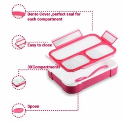 Bento Lunch Box Pink 1000ML 3 Comp Meal Prep Leakproof  BPA Free Microwavable